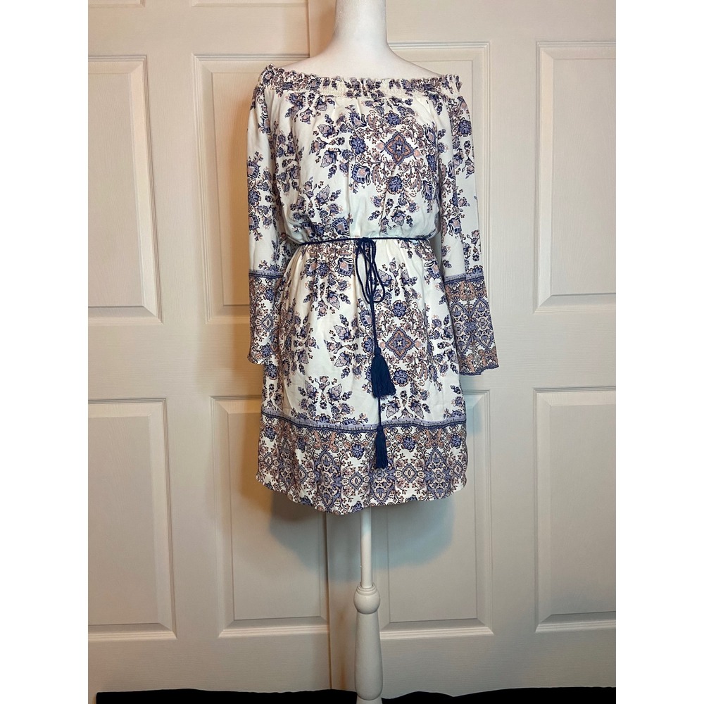 Bailey Blue Womens Small Boho Floral Paisley Off The Shoulder Mini Dress Tassels